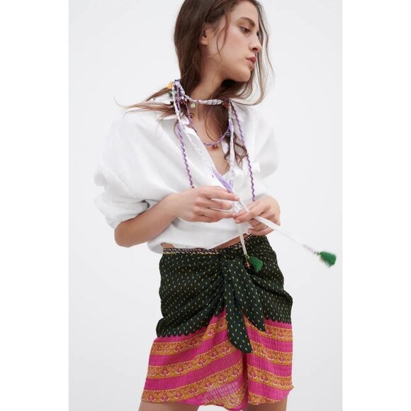 ZARA Green Pink Printed Beaded Front Tie Mini Pareo Sarong Skirt, Size L - Picture 11 of 13